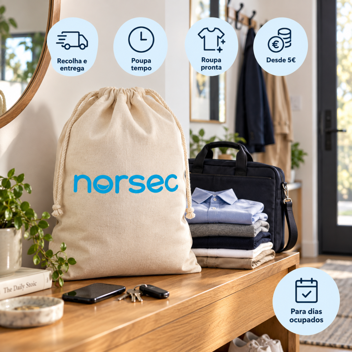 Saco Norsec com roupa lavada, seca e dobrada para profissionais ocupados