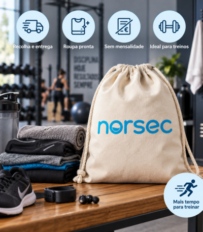 Saco Norsec com roupa de desporto lavada, seca e dobrada