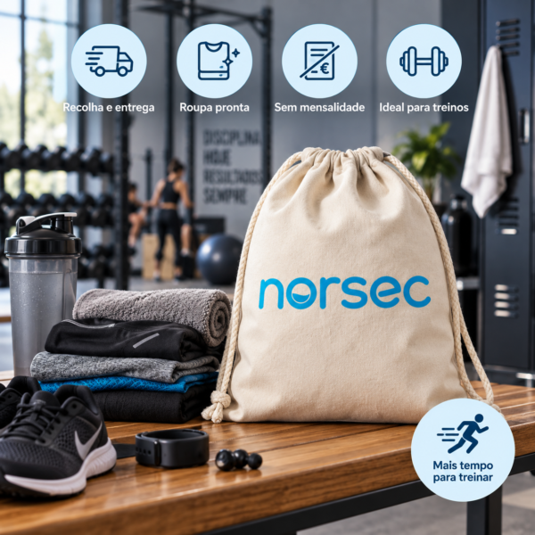 Saco Norsec com roupa de desporto lavada, seca e dobrada