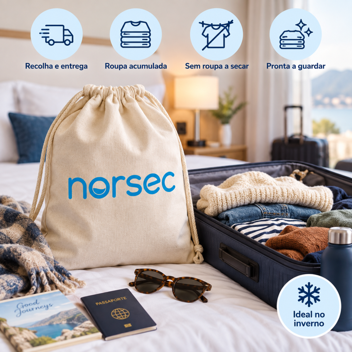 Saco Norsec junto a mala de viagem com roupa acumulada para lavar, secar e dobrar