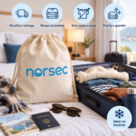 Saco Norsec junto a mala de viagem com roupa acumulada para lavar, secar e dobrar